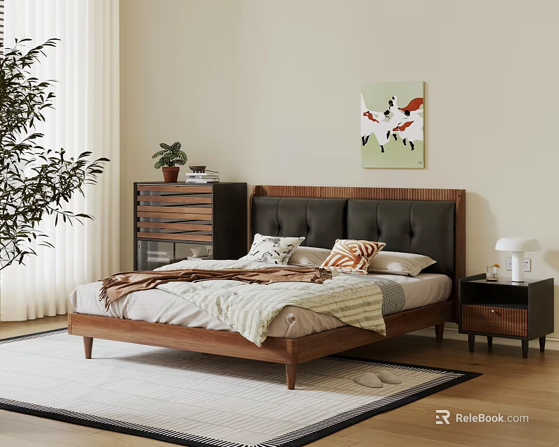 Modern Double Bed With Upholstered Headboard Wooden Frame Bedside Tables Area Rug And Wall Art 3d model 