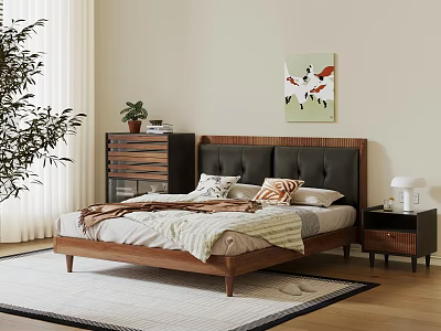Modern Double Bed With Upholstered Headboard Wooden Frame Bedside Tables Area Rug And Wall Art 3d model