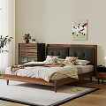 Modern Double Bed With Upholstered Headboard Wooden Frame Bedside Tables Area Rug And Wall Art