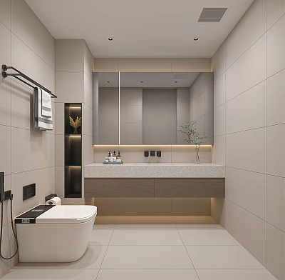 Modern Bathroom Interior With Wall Mounted Toilet Tiled Walls And Vanity Mirror 3d model