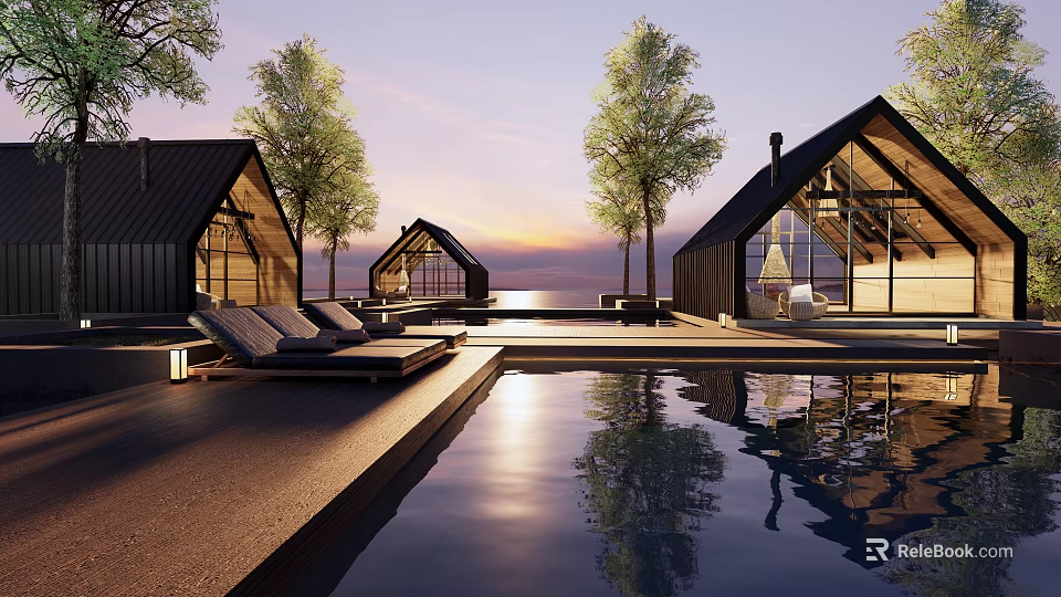 Modern Wooden Cabin Exterior With Swimming Pool Terrace Loungers And Sunset Reflection On Water 3d model 