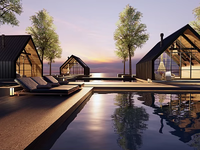 Modern Wooden Cabin Exterior With Swimming Pool Terrace Loungers And Sunset Reflection On Water 3d model