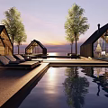 Modern Wooden Cabin Exterior With Swimming Pool Terrace Loungers And Sunset Reflection On Water