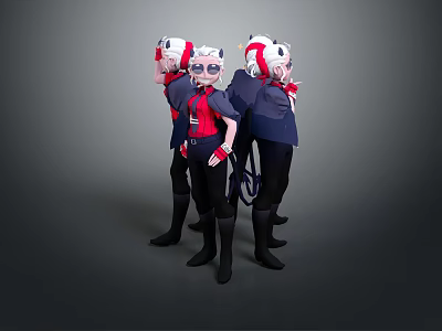 Three Game Movie Characters With White Helmets Red Scarves And Blue Tops Standing Together 3d model