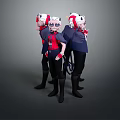 Three Game Movie Characters With White Helmets Red Scarves And Blue Tops Standing Together