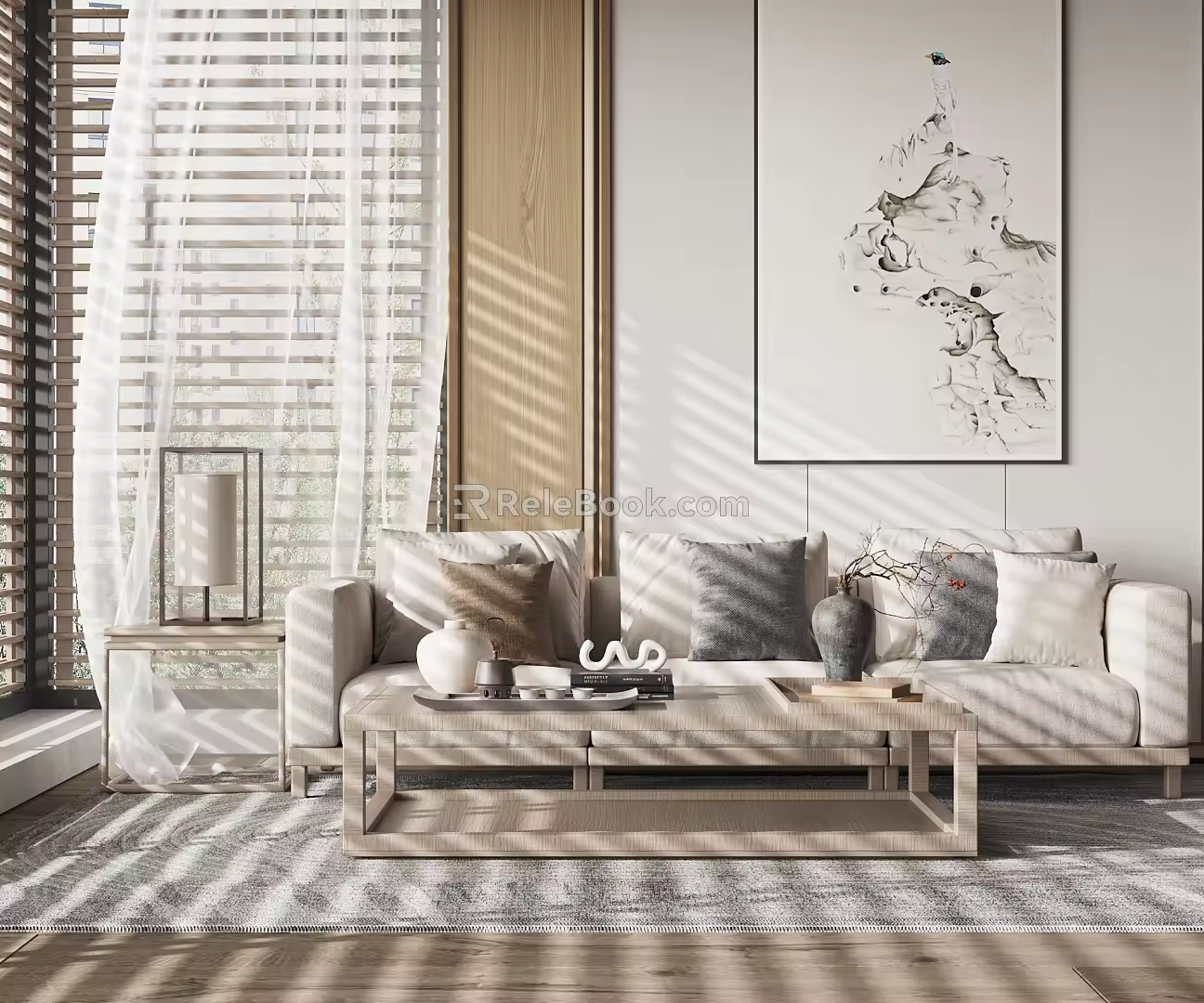 New Chinese-style Sofa Coffee Table Combination Three-person Sofa Hanging Picture Side Table Corner Table 3d model