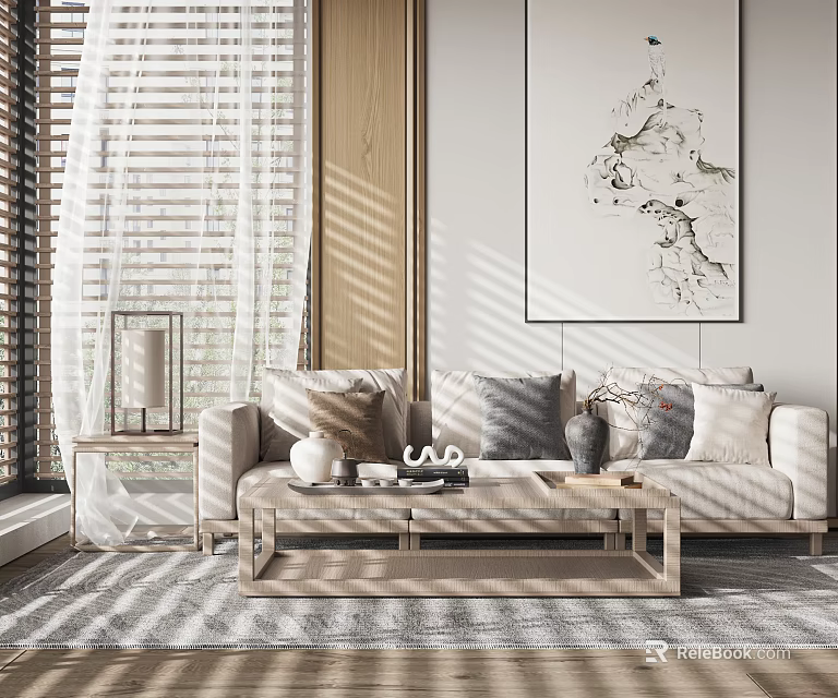 Modern Living Room Sofa Coffee Table Combination With Wooden Frame Decorative Pillows And Area Rug 3d model 