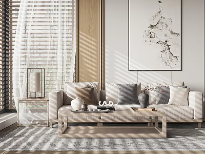 Modern Living Room Sofa Coffee Table Combination With Wooden Frame Decorative Pillows And Area Rug 3d model