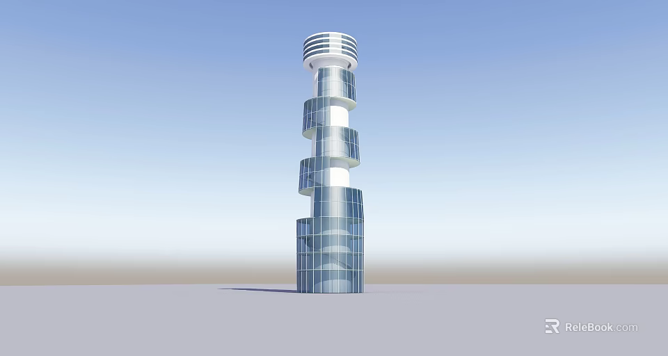 Modern Tower With Spiral Structure Glass Facade And Round Top Against Blue Sky 3d model 