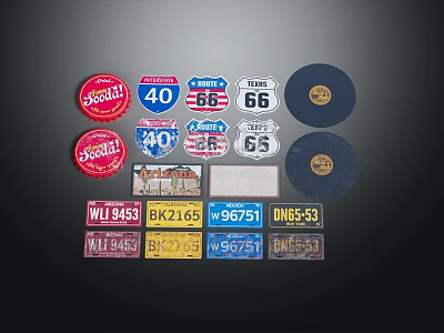 Vintage License Plates And Route 40 66 Signs With Retro Brand Logos 3d model