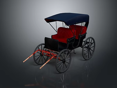Vintage Horse Carriage With Dark Blue Canopy Red Seats Black Body And Large Wheels 3d model