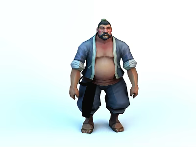 A Plump Bearded Man In Blue Cardigan With Black Belt Loose Pants And Barefoot Look 3d model