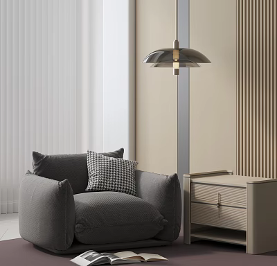 Stylish Gray Lounge Chair With Checkered Pillow Floor Lamp And Side Table Near Window Blinds 3d model