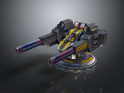 Futuristic Dual Barrel Weapon With Black Yellow Purple Orange Stripes Warning Stripes And Circular Base 3d model