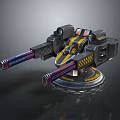 Futuristic Dual Barrel Weapon With Black Yellow Purple Orange Stripes Warning Stripes And Circular Base