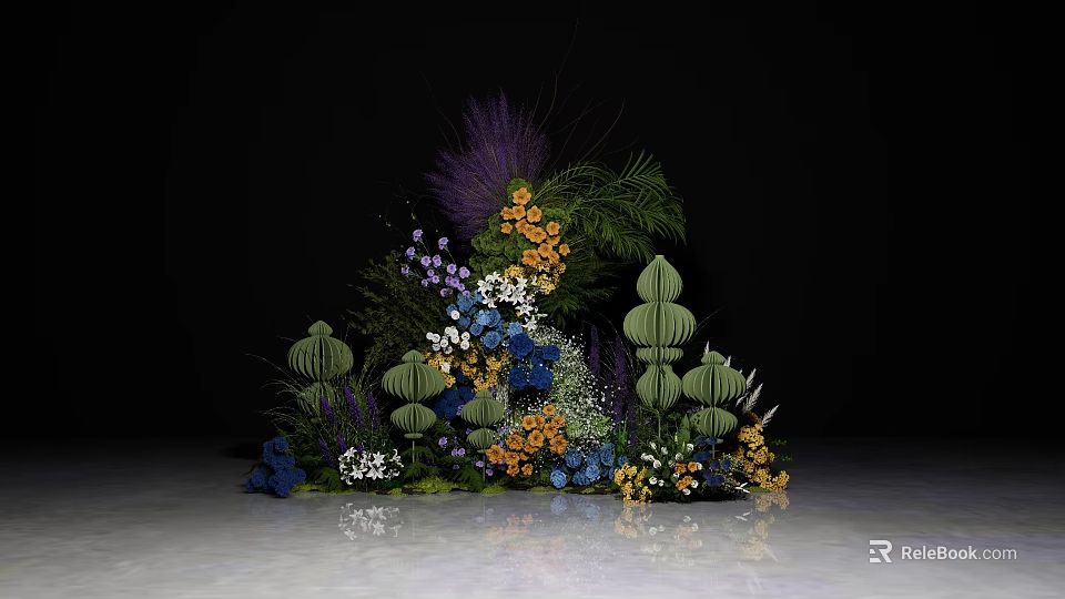 Banquet Hall with Elegant Floral Decorations Colorful Flowers and Lush Green Plants 3d model 