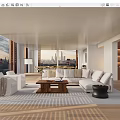 Modern Living Dining Room Interior With Large Window City Skyline And Sofa Set