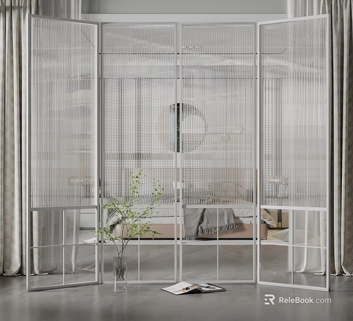 Elegant Modern Grid Design Room Divider In Bedroom With Curtains And Plant 3d model 
