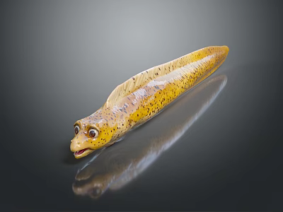 Yellow Spotted Aquatic Animal With Elongated Body Large Eyes Open Mouth And Dark Background Reflection 3d model