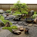 Traditional Karesansui Zen Garden with Stones Gravel Lanterns Small Water Basin and Green Plants