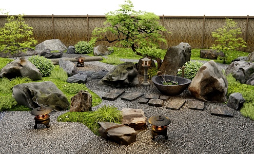 Japanese Style Landscape Stone Dry Landscape Courtyard Micro Terrain Landscape Set Stone Ting Step Plant Landscape Water Pot Waterscape Fence 3d model