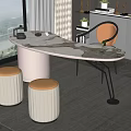 Elegant Modern Tea Table And Chairs With Round Marble Top Golden Legs And White Stools