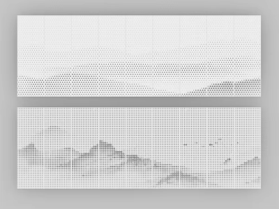 Perforated Decorative Panels With Grid Pattern And Ink Wash Mountain Landscape Design 3d model