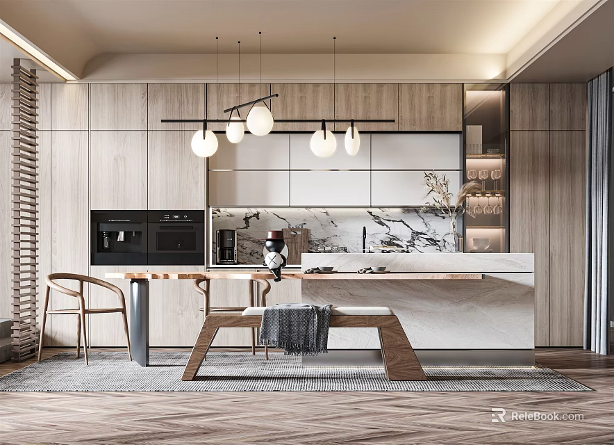 Modern Open Kitchen Interior Design With Marble Island Counter Wooden Cabinets And Pendant Lights 3d model 