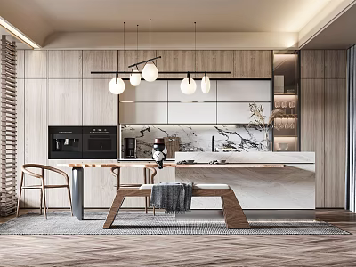 Modern Open Kitchen Interior Design With Marble Island Counter Wooden Cabinets And Pendant Lights 3d model
