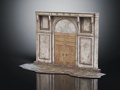 Classical Wooden Entrance Door With Stone Frame Arch Design Carved Panels And Stone Floor 3d model
