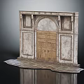 Classical Wooden Entrance Door With Stone Frame Arch Design Carved Panels And Stone Floor