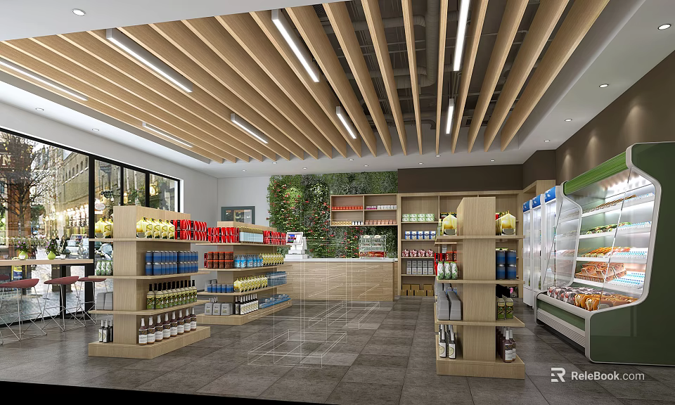 Modern Supermarket Interior With Wooden Ceiling Beams Green Plant Wall Shelves And Refrigerators 3d model 