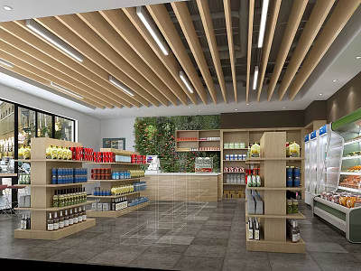 Modern Supermarket Interior With Wooden Ceiling Beams Green Plant Wall Shelves And Refrigerators 3d model