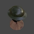 Green Military Style Helmet With Wide Brim And Brown Strap On Mannequin Head