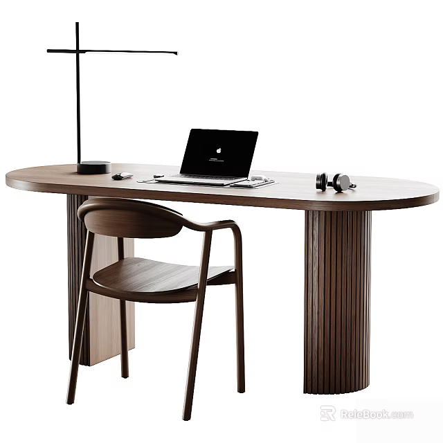 Modern Oval Shaped Wooden Desk With Laptop Headphones Table Lamp And Minimalist Chair 3d model 