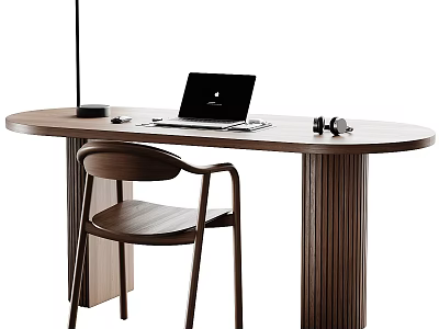 Modern Oval Shaped Wooden Desk With Laptop Headphones Table Lamp And Minimalist Chair 3d model