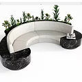 Curved Light Colored Sectional Sofa With Black Marble Base And Green Plants 3d model