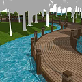 Scenic Wooden Boardwalk Pathway In Park With Trees Grass And Water