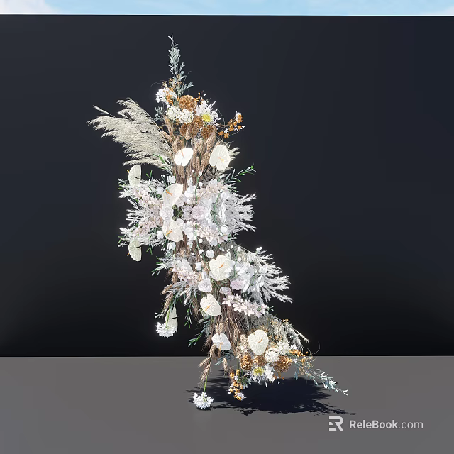 Elegant Neutral Tones Floral Installation With White Flowers Feathery Foliage And Reed Elements 3d model 