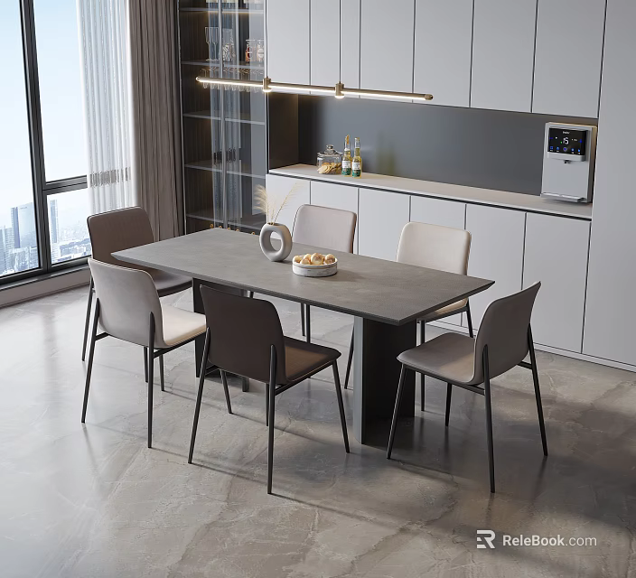 Stylish Modern Dining Table Set With Gray Top And Black Leg Chairs In Kitchen Area 3d model 
