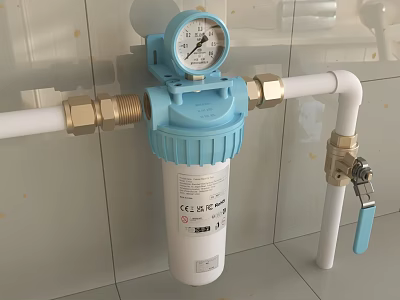 Kitchen Blue Pre Filter With Pressure Gauge And White Pipes Installed On Light Tiled Wall 3d model