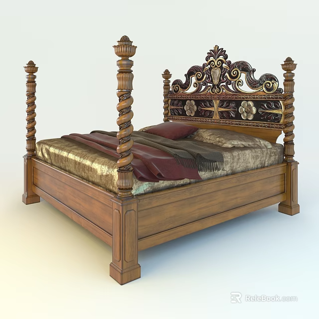 Wooden Four Poster Double Bed With Carved Headboard And Gold Red Bedspread 3d model 