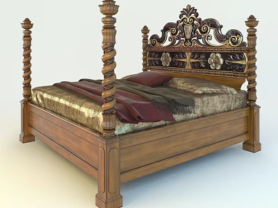 Wooden Four Poster Double Bed With Carved Headboard And Gold Red Bedspread 3d model