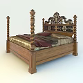 Wooden Four Poster Double Bed With Carved Headboard And Gold Red Bedspread