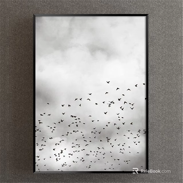 Animal Painting Of Flying Birds In Cloudy Sky With Dark Frame Artwork 3d model 