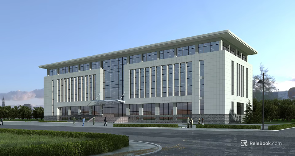 Modern Office Building Exterior With Glass Facade Multiple Floors Road Front Pedestrians And Landscaping 3d model 