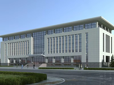 Modern Office Building Exterior With Glass Facade Multiple Floors Road Front Pedestrians And Landscaping 3d model