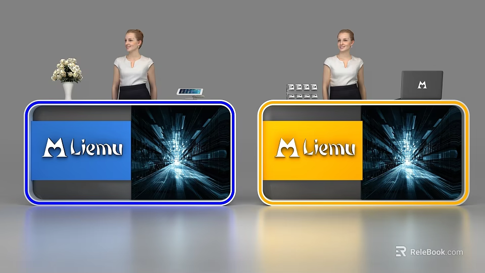 Modern Liemu Reception Desk in Blue Yellow with Receptionist and Digital 3d model 
