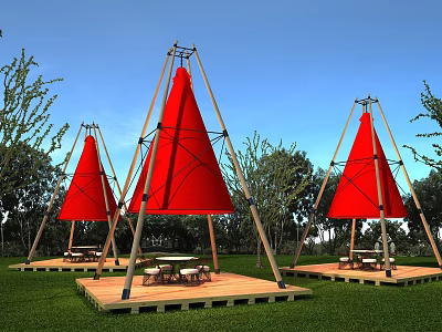 Outdoor Garden Ornaments with Red Conical Canopies Wooden Frames Platforms Tables Chairs and Grass 3d model