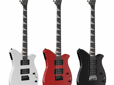 Three Electric Guitars As Musical Instruments With White Red Black Colors And Unique Body Design 3d model